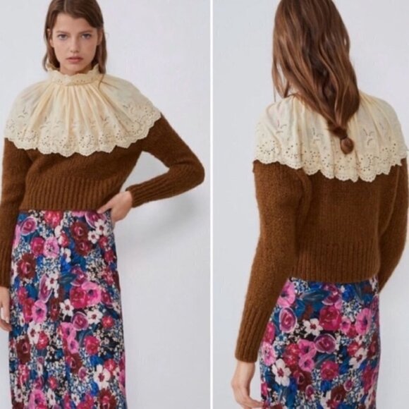 ZARA Contrasting embroidery lace knit sweater brown beige Small @L1 - Picture 3 of 13